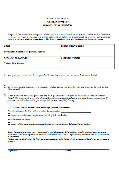 film declaration of residency form