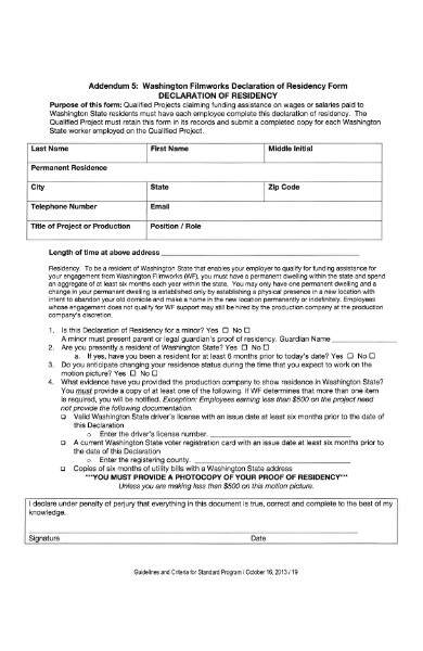 filmworks declaration of residency form