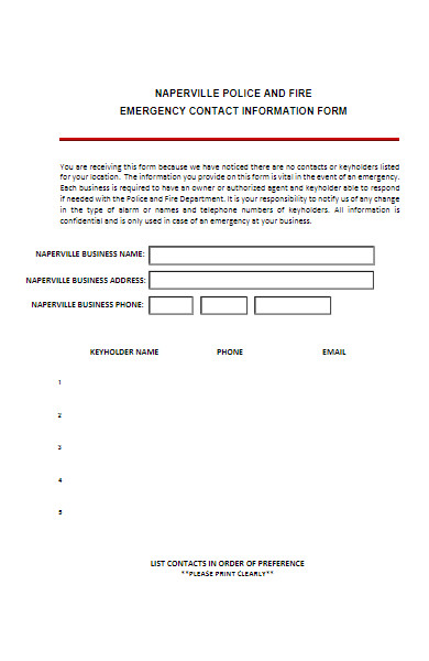 fire emergency contact information form