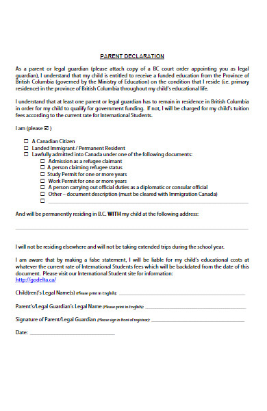 guardian declaration form for school