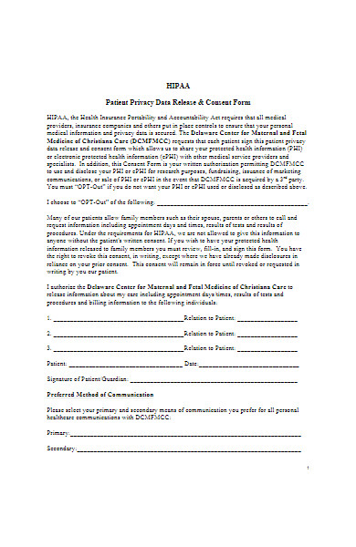 hipaa patient privacy data consent form