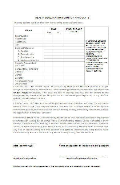 health declaration form for applicants