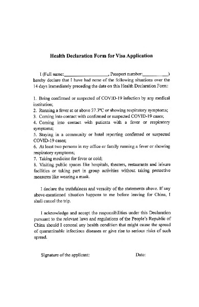 health declaration form for visa application