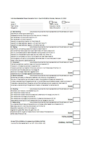 individual basketball player evaluation form