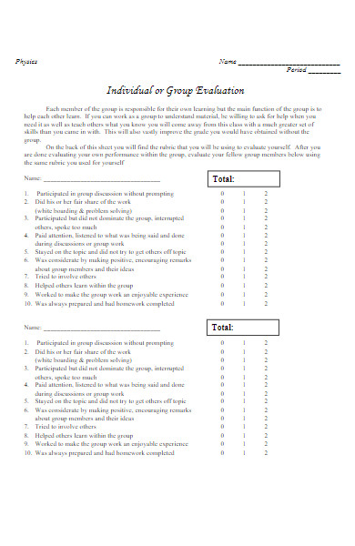 individual or group evaluation form