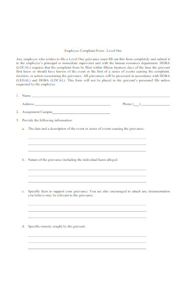 level one employee complaint form