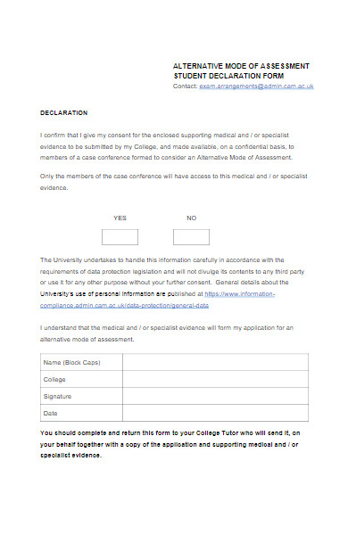 medical declaration form for student