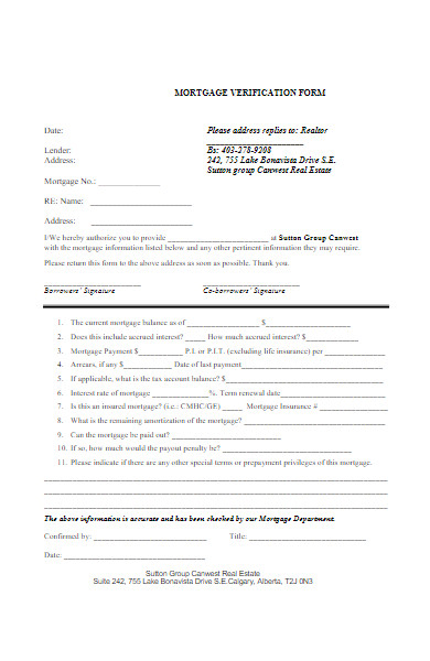 mortgage verification form example