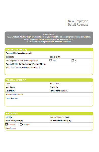 new employee detail request form