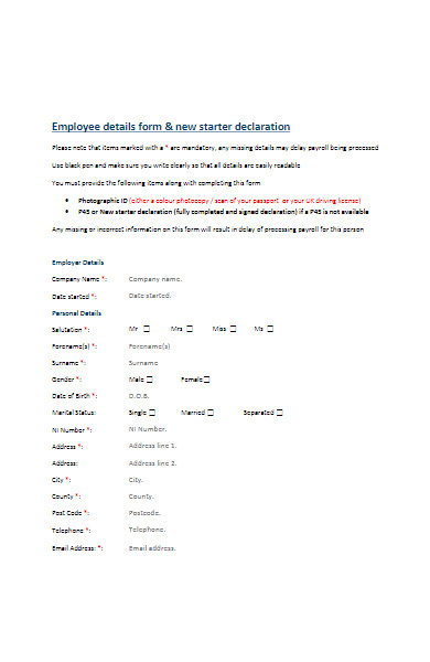 new employee details and declaration form