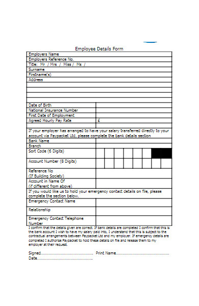 new employee pay details form