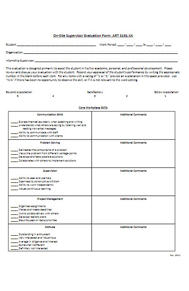 on site internship supervisor evaluation form