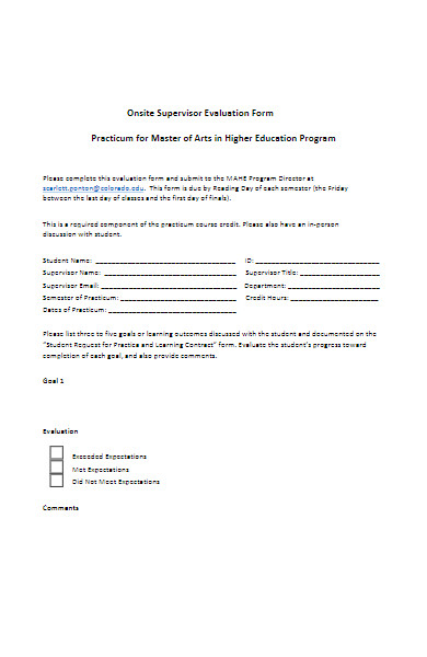 onsite supervisor evaluation form