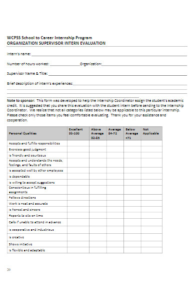 organization supervisor intern evaluation form