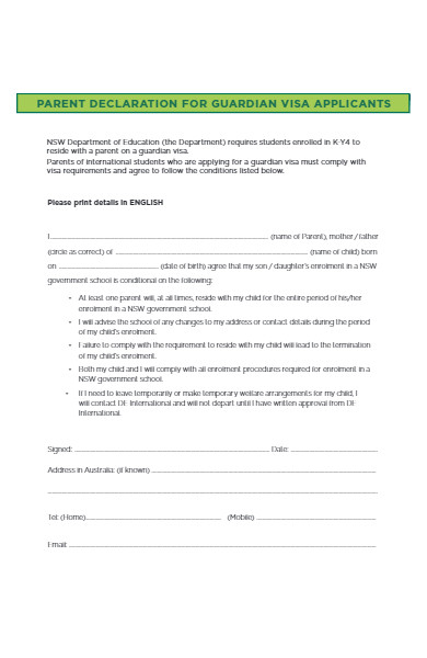 parent declaration form for guardian visa applicants