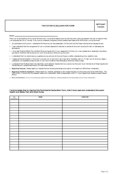 participant declaration form for event