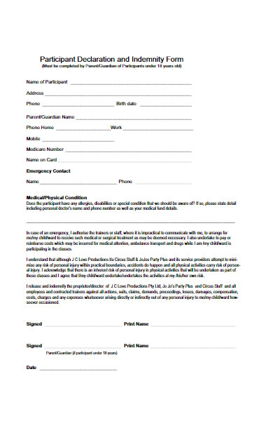 participant declaration and indemnity form
