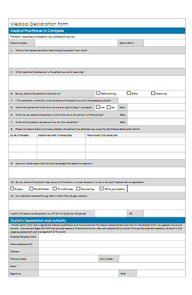 patient medical declaration form