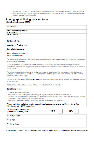 photography filming consent form