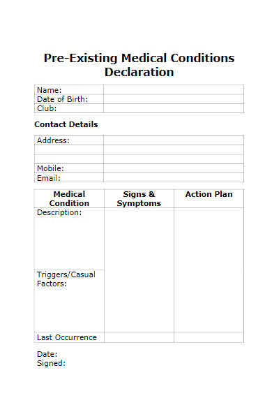 pre existing medical conditions declaration form