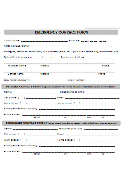 pre school emergency contact form