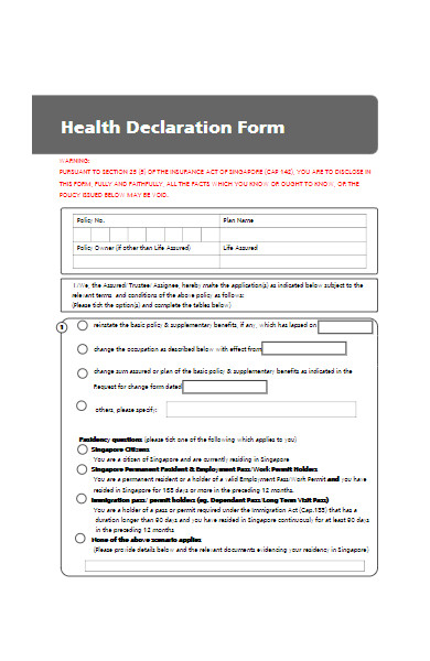 printable health declaration form