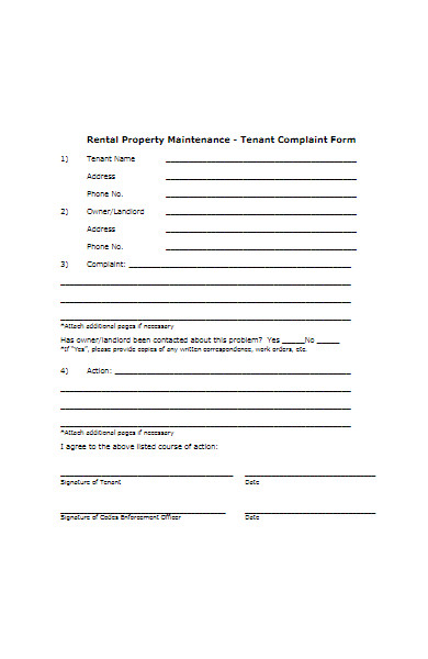 rental property maintenance tenant complaint form