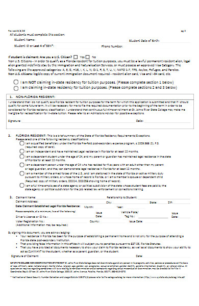 residency declaration form for college