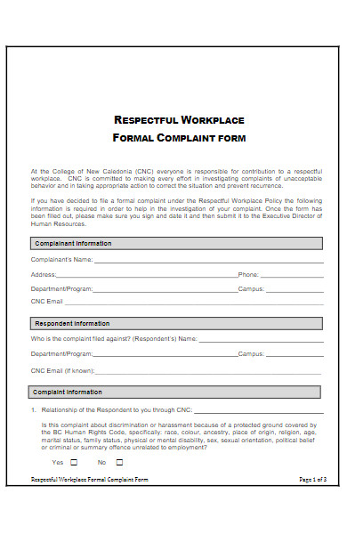 respectful workplace formal complaint form in pdf