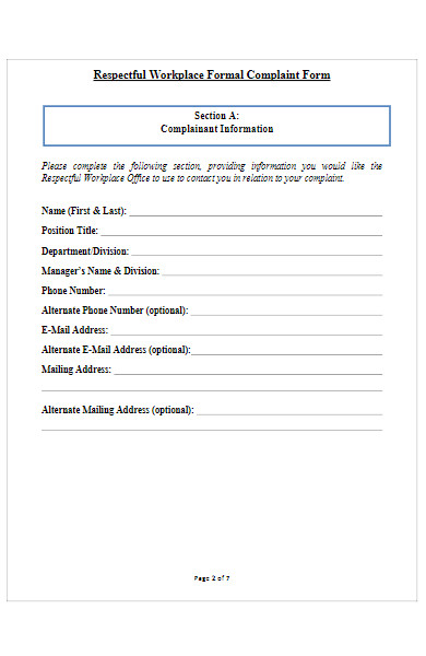 respectful workplace formal complaint form