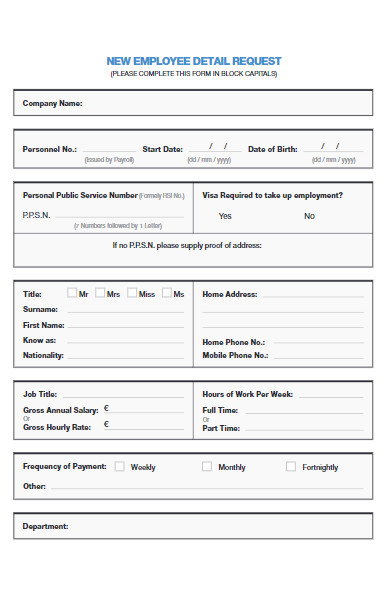 sample new employee detail request form