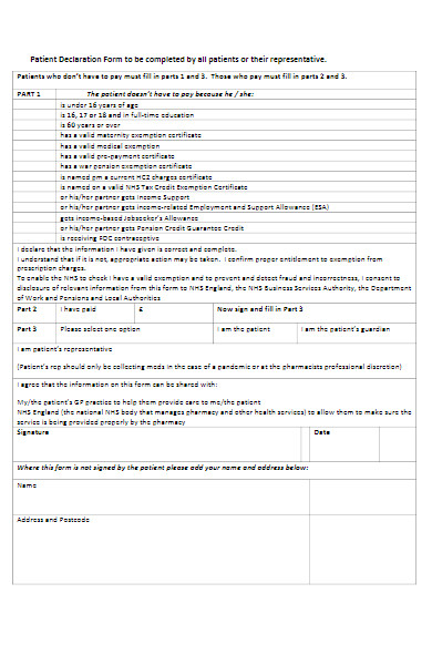 sample patient declaration form