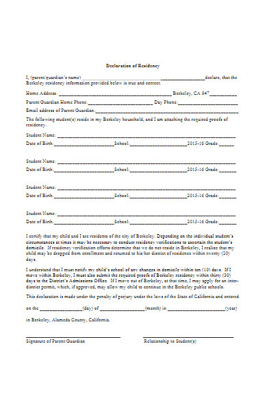 school declaration of residency form