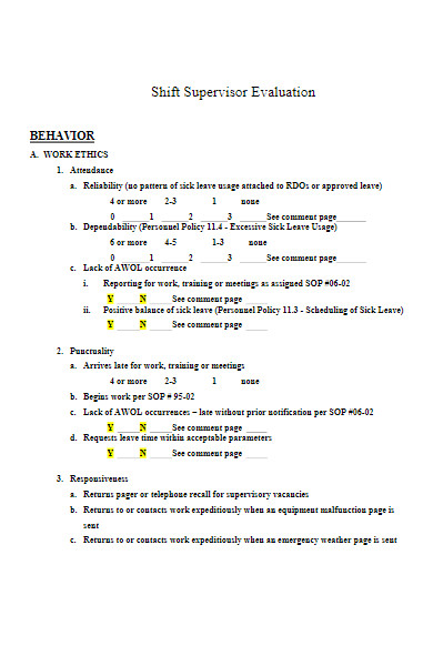 shift supervisor evaluation form