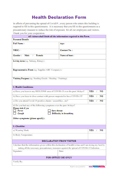 standard health declaration form in pdf