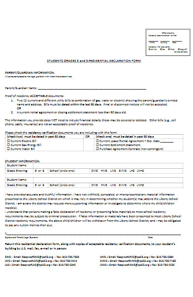 students grades residential declaration form