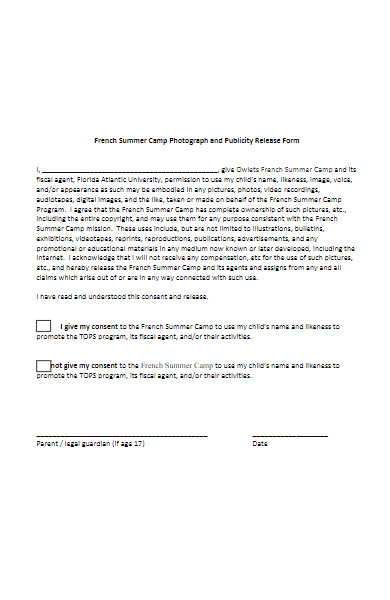 summer camp photography consent release form