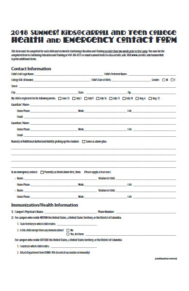 summer kids emergency contact form