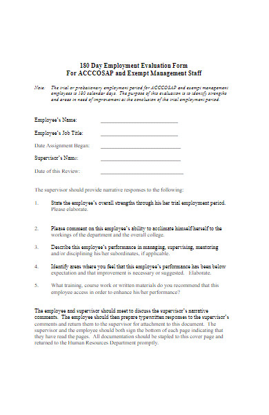 supervisor 180 day evaluation form