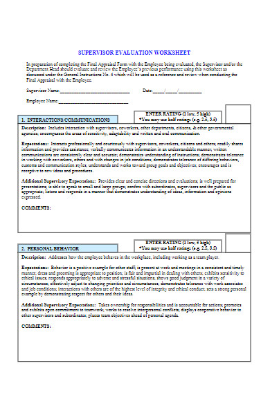 supervisor evaluation worksheet form