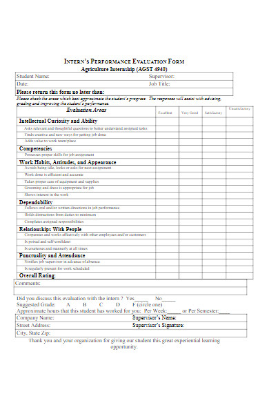 supervisor interns performance evaluation form