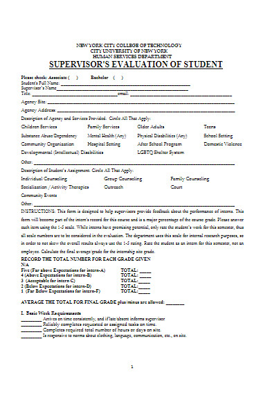 supervisors evaluation of student form