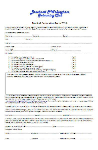 swimming club medical declaration form