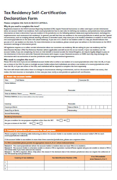 tax residency self certification declaration form