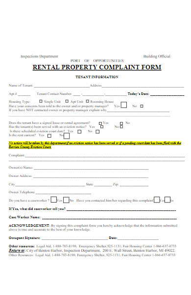 tenant rental property complaint form