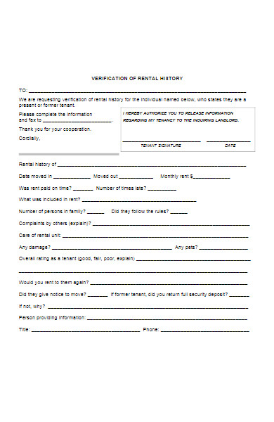 tenant verification of rental history form