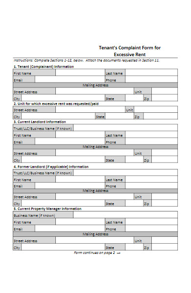 tenant’s complaint form for excessive rent