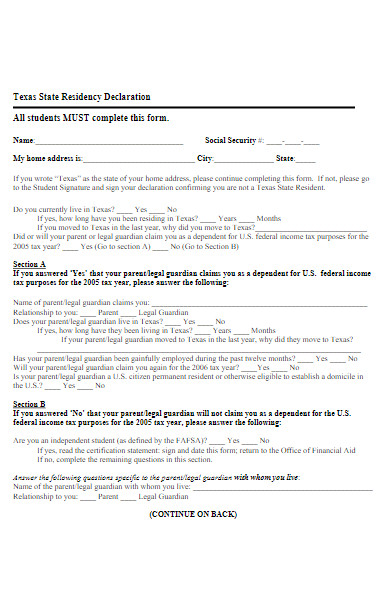 texas state residency declaration form