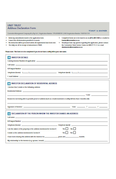 unit trust address declaration form