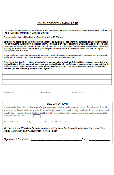 university employee health self declaration form